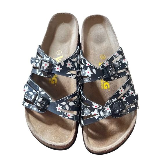 Viking Black White Floral Buckle Cut Out "Brama" Cork Birkenstock Style Sandal‎ - Picture 4 of 10